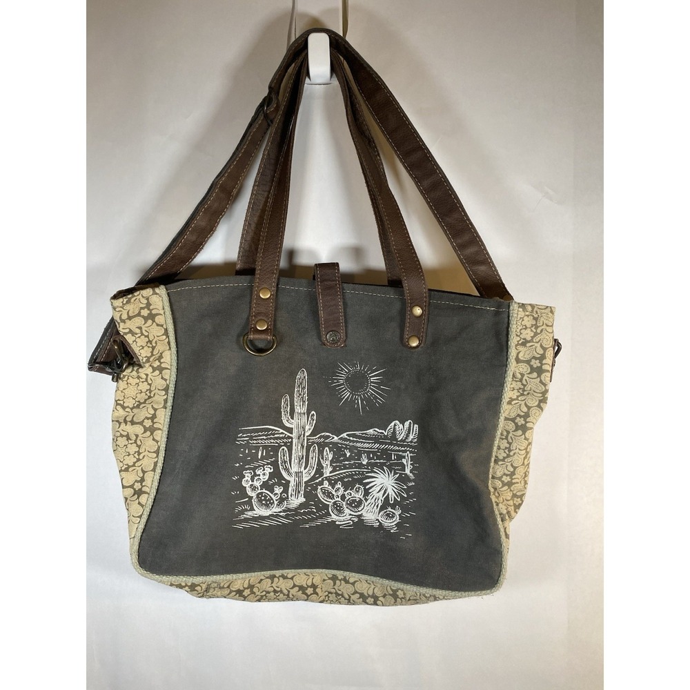 Myra Western Canvas Tote Bag Cactus Desert Print Leather Straps Boho
